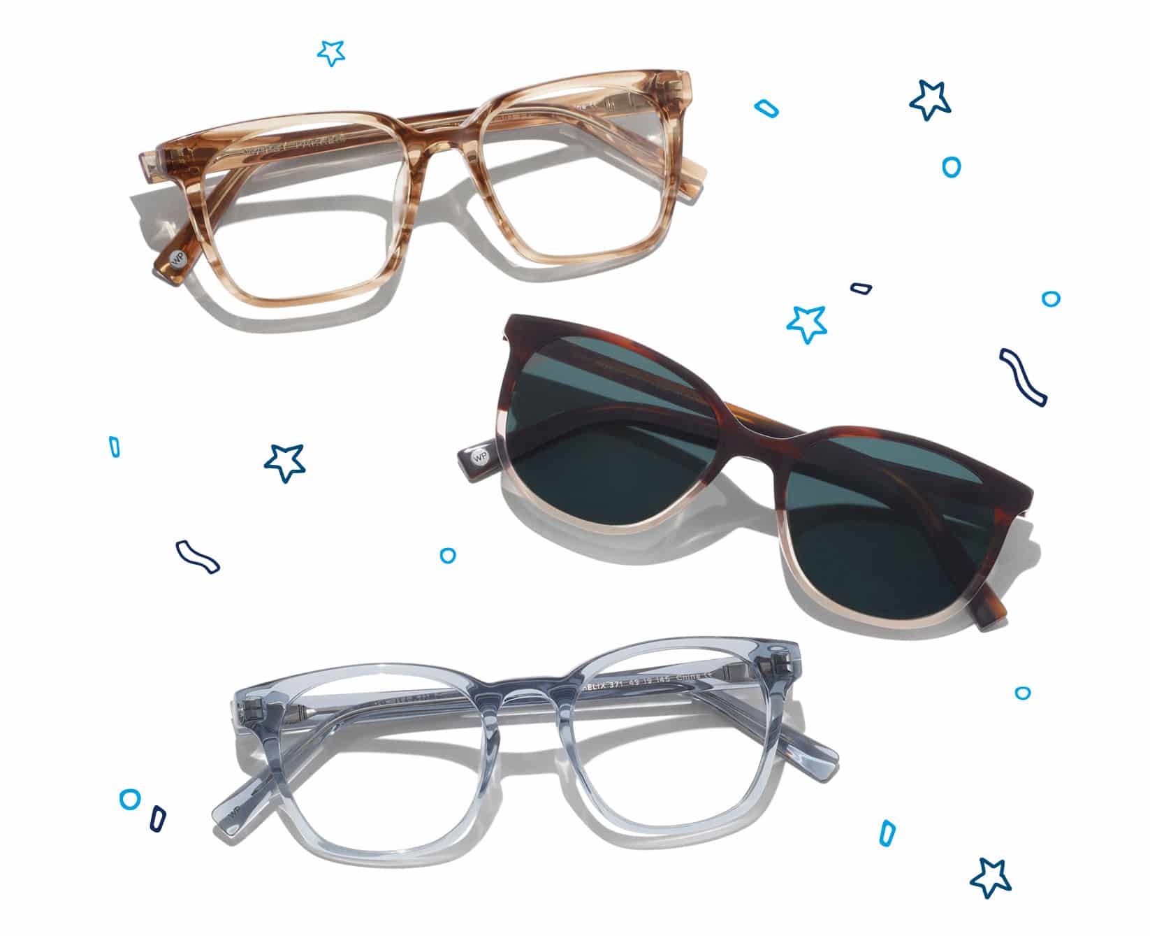 three pairs of glasses