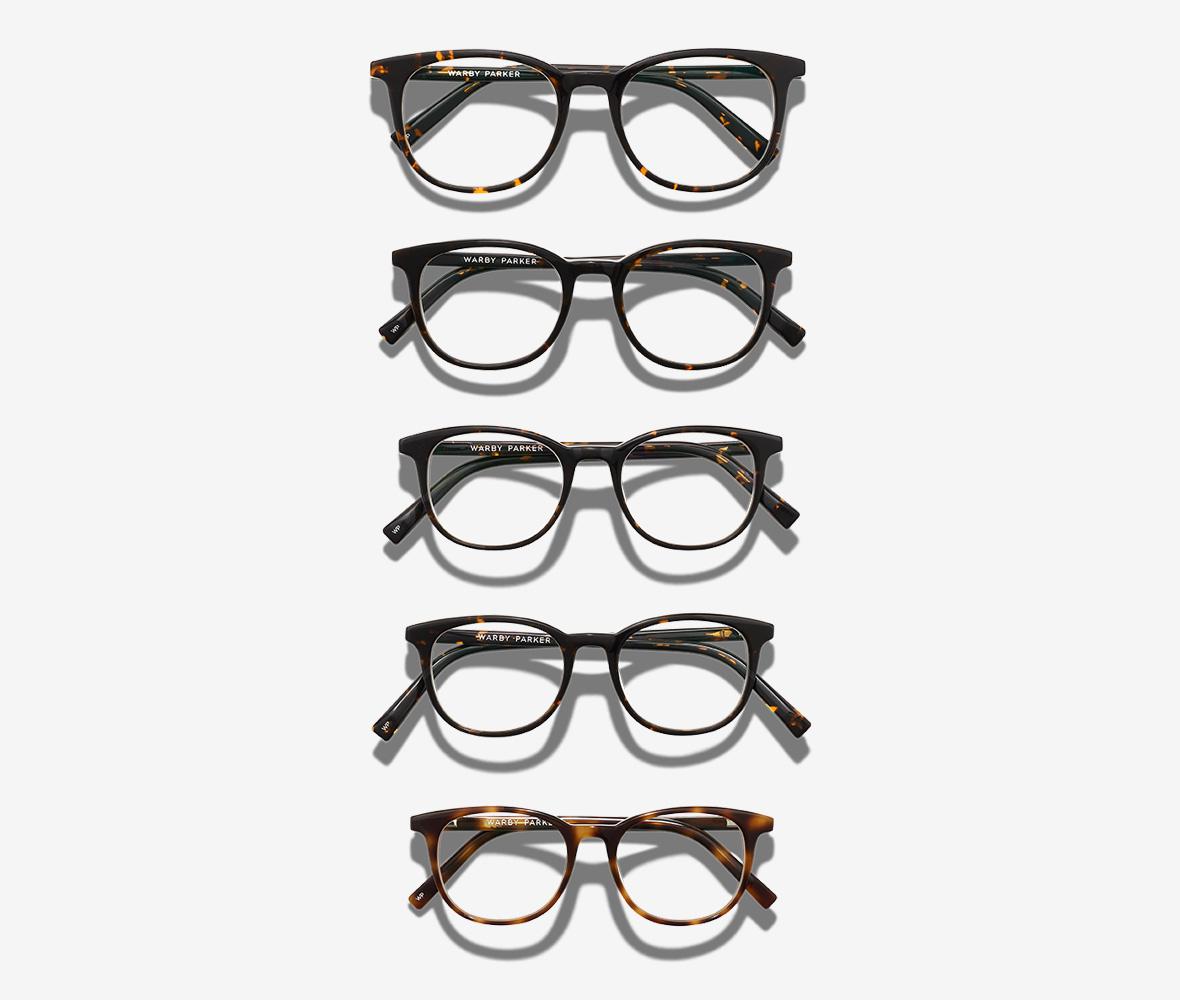 Five glasses frames stacked in a vertical line