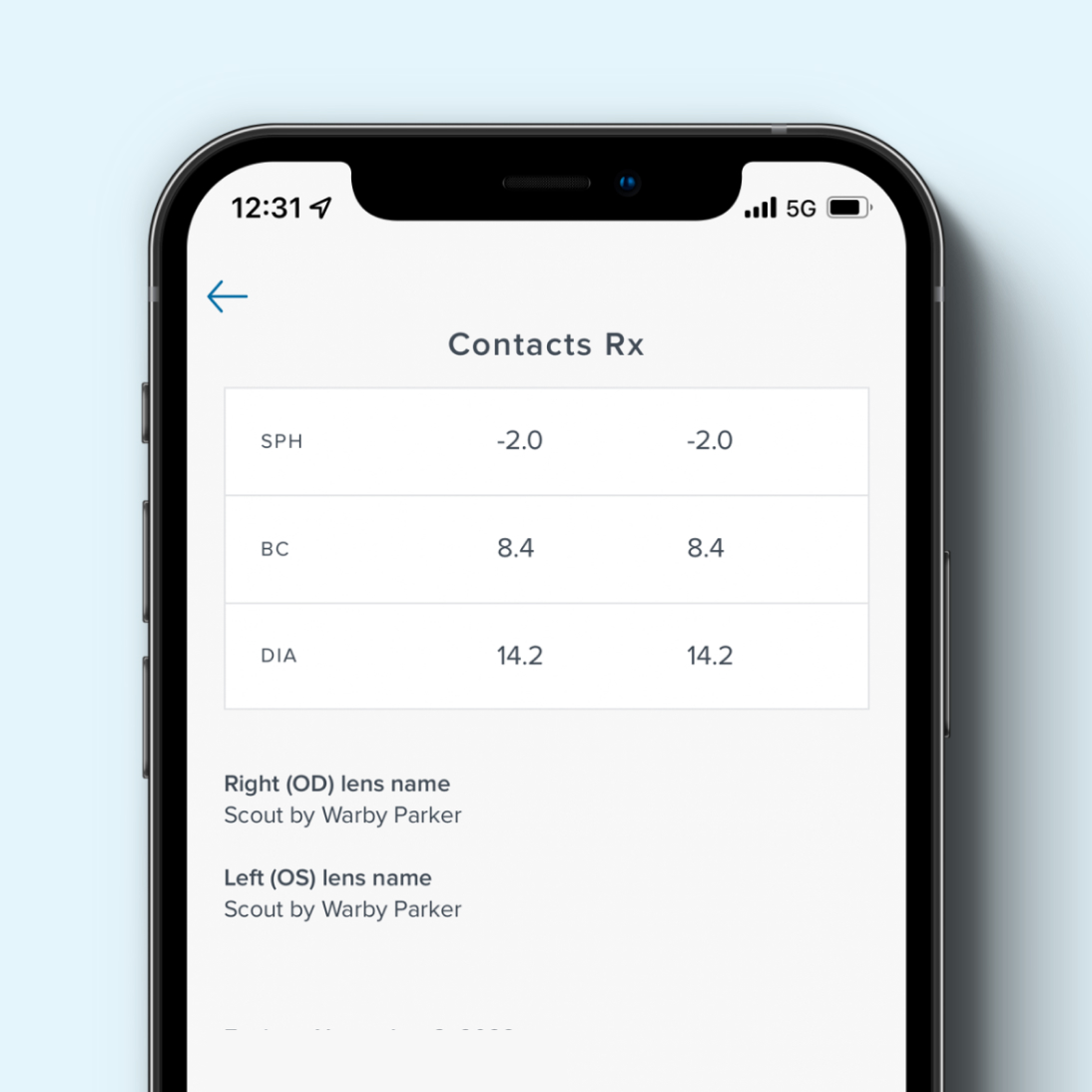 Contact lens prescription information displayed on a smartphone
