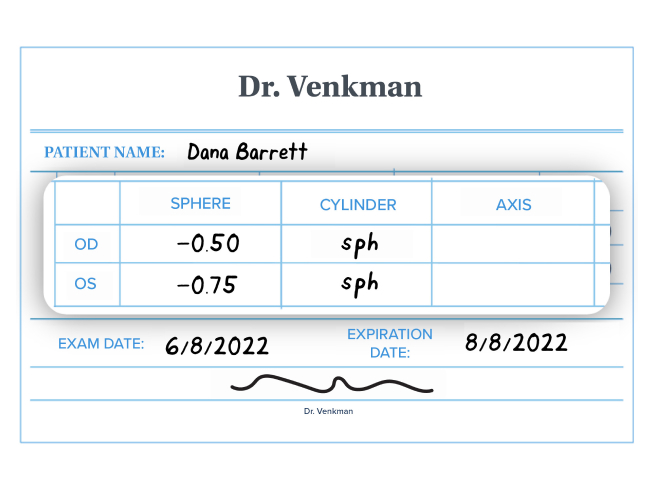 Example of an eye prescription for a nearsighted person