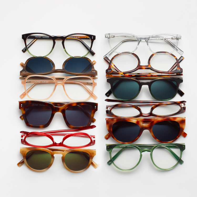 Twelve pairs of various kinds of glasses arranged in two colorful columns