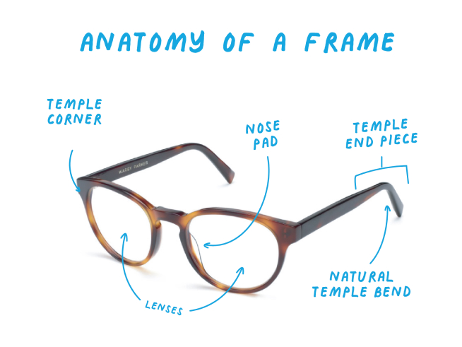 Labeled diagram of the different parts of glasses