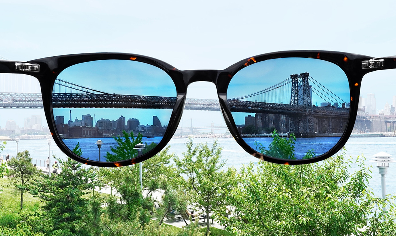 View through polarized sunglasses showing reduced glare and enhanced contrast of a city bridge.