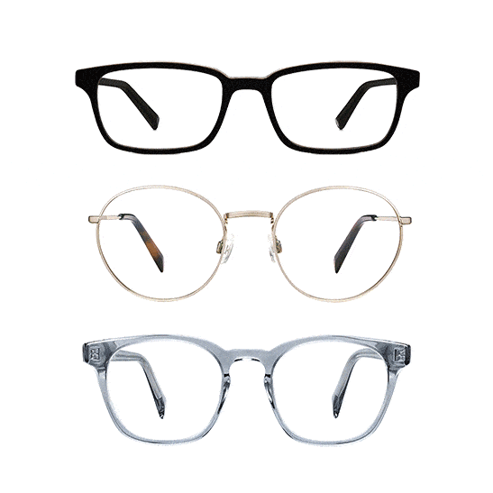 Three glasses frames whose photochromic lenses gradually shift from transparent to tinted
