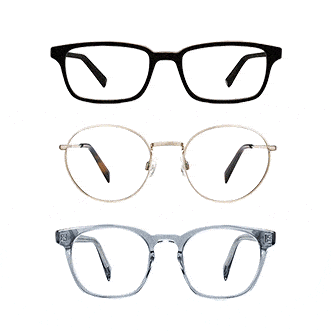 Three glasses frames whose photochromic lenses gradually shift from transparent to tinted