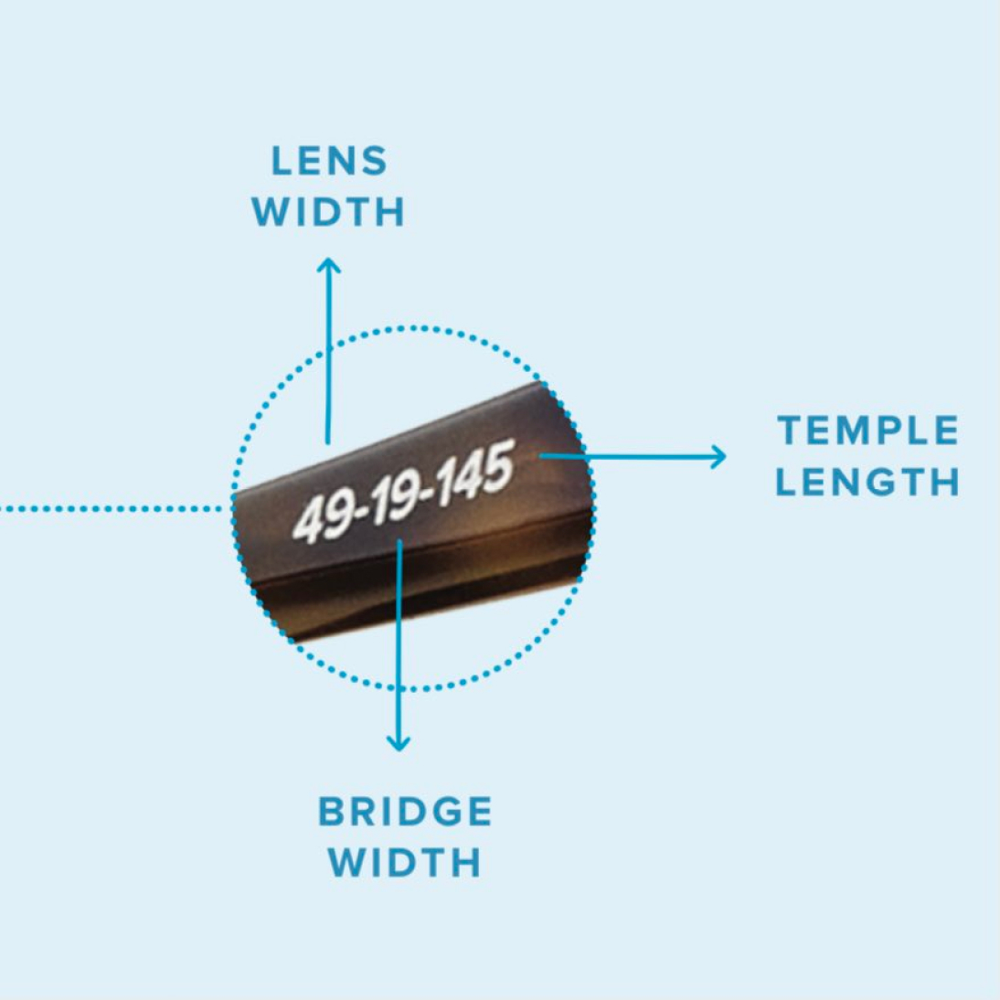 Labeled close-up of measurements inside of glasses arm