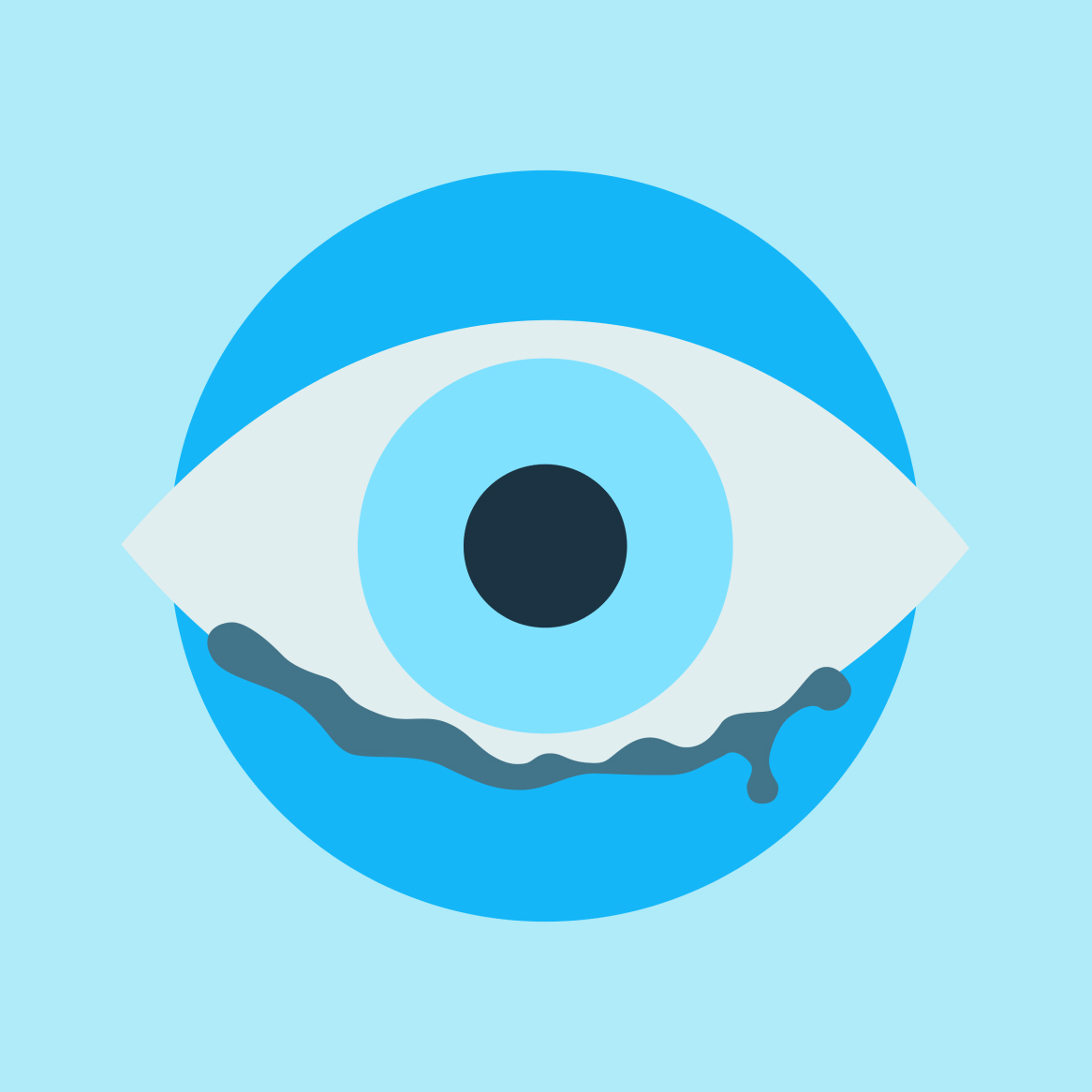 Illustration of an infected eye from contact lens use, set against a blue background.