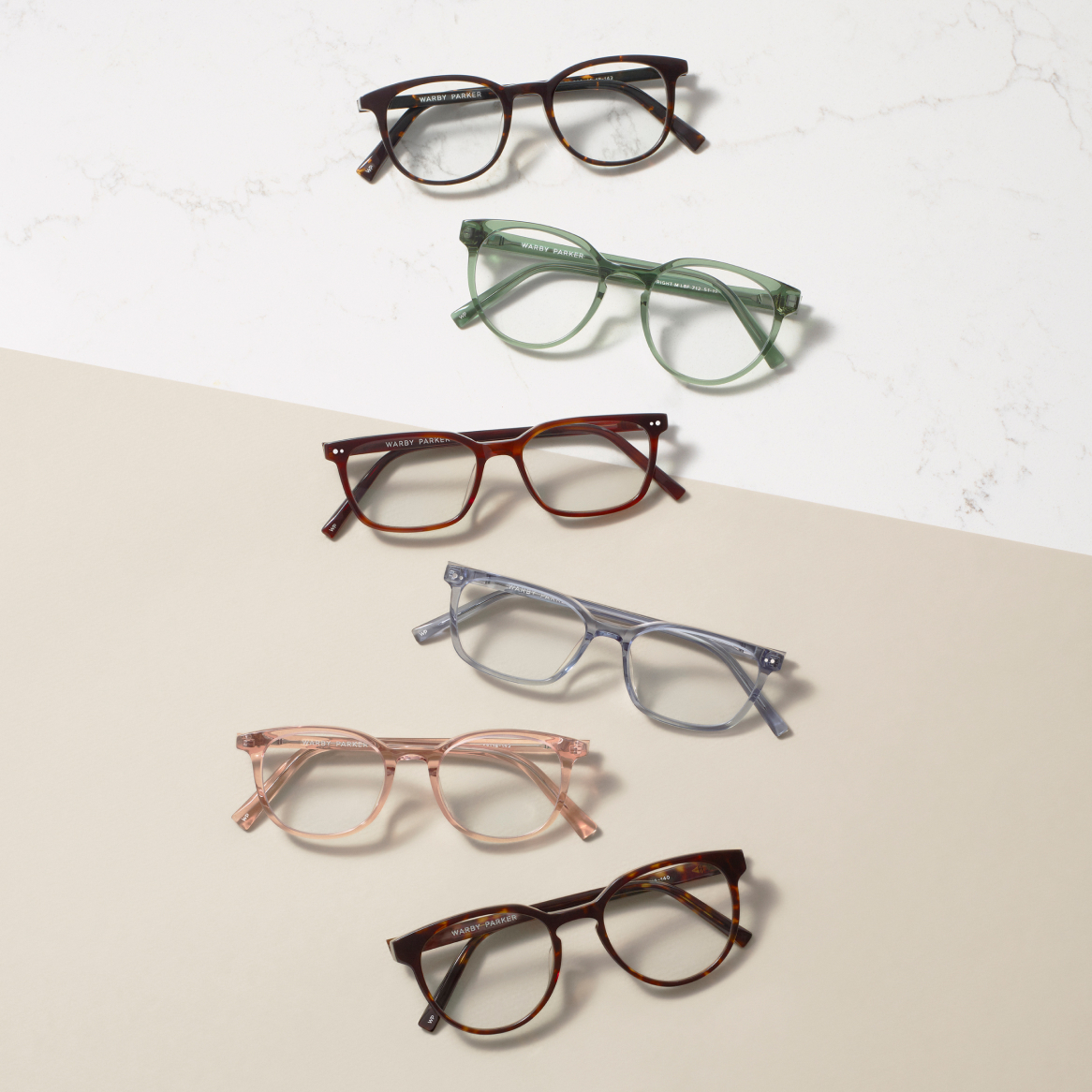 Six pairs of glasses in different colors