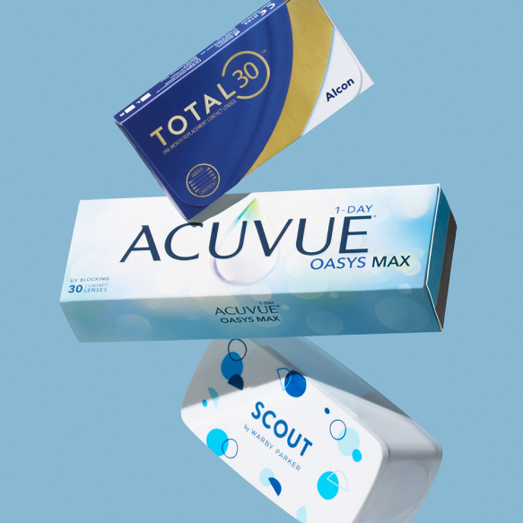 Three boxes of contacts on a blue background.