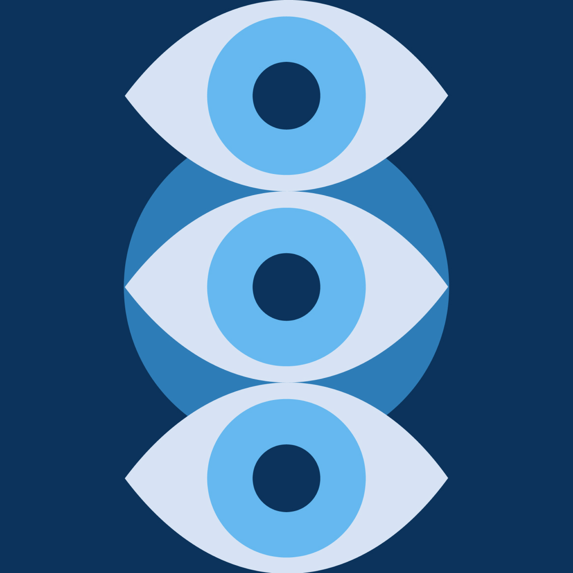 Graphic illustration of three eyes on a blue background.